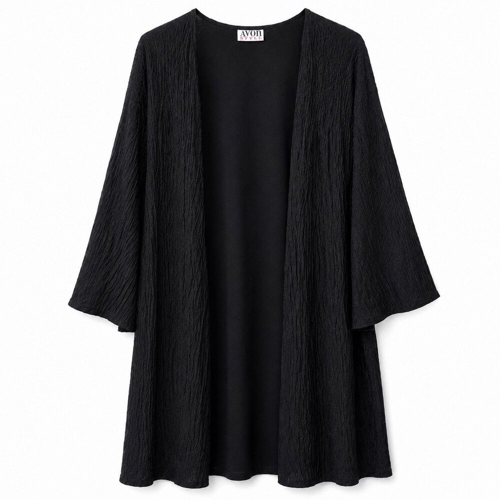 Vintage Avon Style Kimono Women's XL Black Long Open Front Crinkle Textured